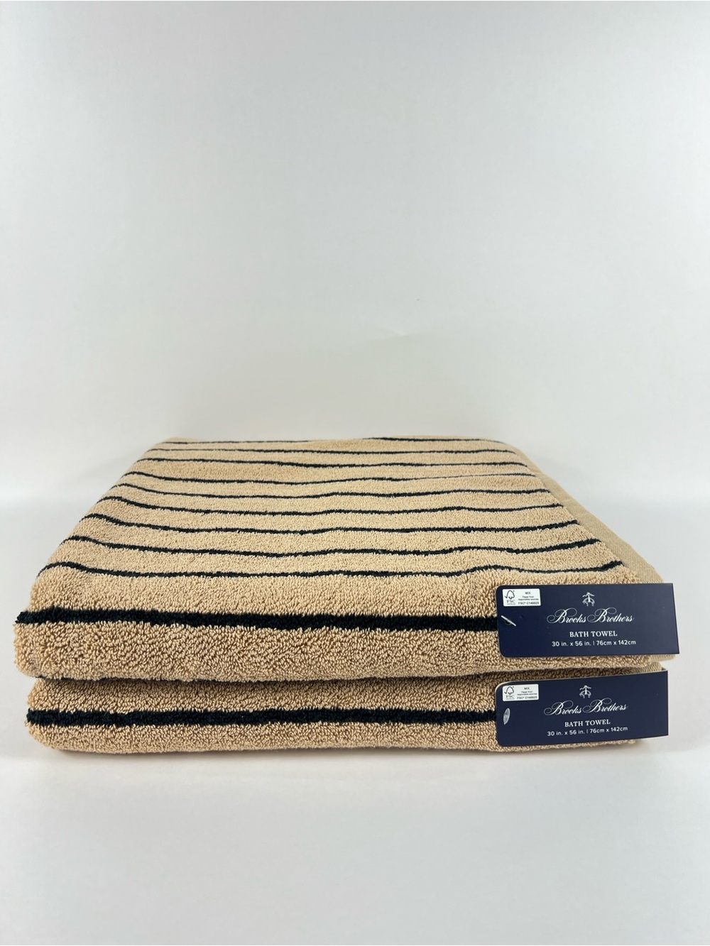 Brooks Brothers Bath Towel Set 2 Pc Beige & Black Stripe Soft 100% Cotton NEW
